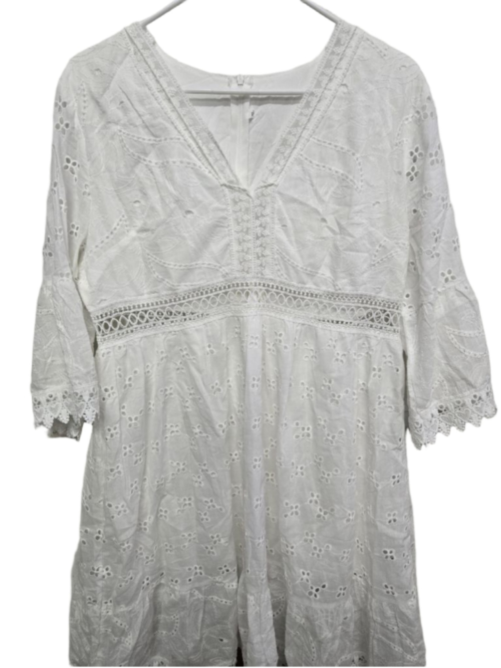 Women's Boho Dress White Eyelet Mini Dress XL - Picture 2 of 9